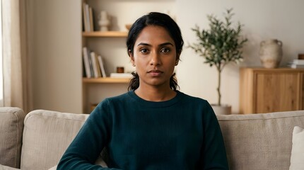 Portrait of a serious young woman sitting on a couch in a modern living room. © Eni