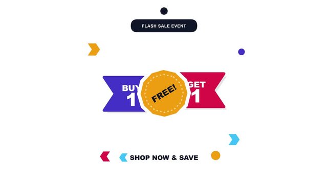 Flash sale event promotion graphic featuring a vibrant buy one get one free announcement banner design with colorful geometric shapes for retail marketing campaigns