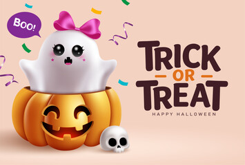 Fototapeta premium Cute Halloween ghost in pumpkin clipart design. Happy Halloween Trick or Treat background banner clip art with cute ghost in pumpkin, confetti and skull for kids party invitation, greeting card 