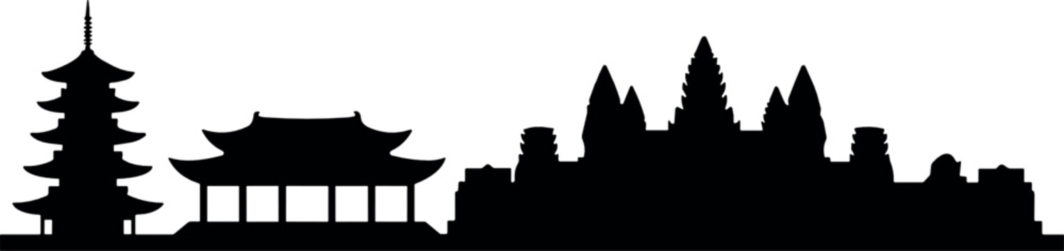 Famous Asian landmarks skyline silhouette featuring Japanese pagoda oriental temple and Angkor Wat isolated on white background