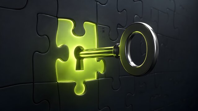 Silver key inserted into a glowing green jigsaw puzzle piece representing the final solution to complex business challenges