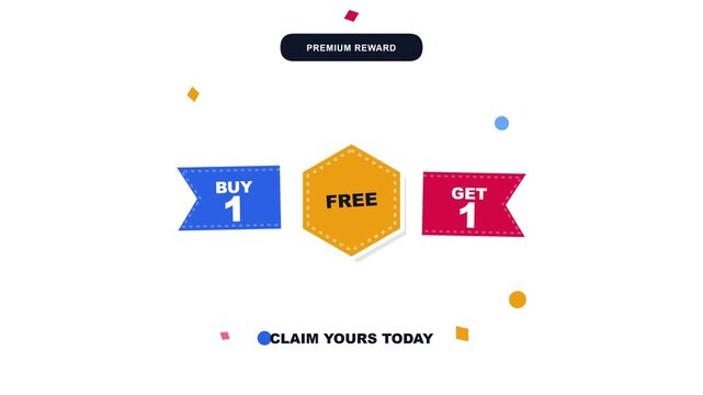 A vibrant 3D motion graphic animation featuring a buy one get one free retail promotion banner advertisement with colorful shapes and floating elements