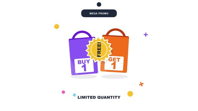 A colorful graphic illustration featuring a buy one get one free shopping promotion design for limited quantity marketing and retail advertising