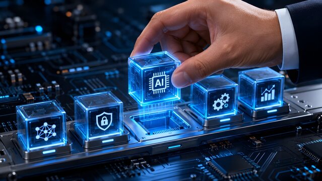 Hand integrating an Artificial Intelligence digital block into a computer motherboard representing AI technology implementation and smart business solutions