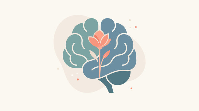 Flat illustration of human brain with blooming flower representing mental health and growth