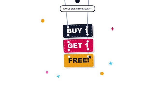 Buy one get one free promotion tag animation for exclusive store event marketing design featuring colorful hanging labels and dynamic floating geometric shapes