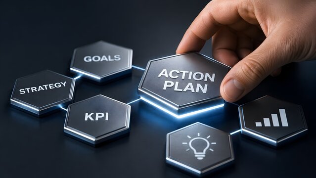 Hand placing action plan core element connecting business strategy goals and KPI for corporate performance management