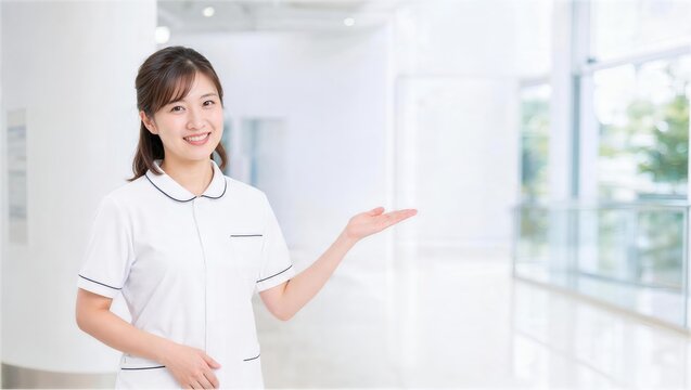 病院内で手のひらを向けて案内する看護師