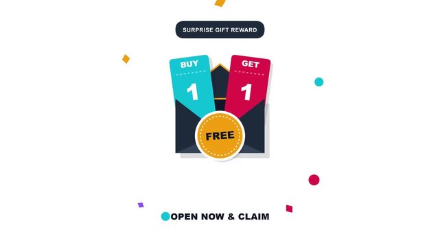 A dynamic motion graphic animation showcasing a surprise gift reward promotion with buy one get one free shopping offer cards and confetti elements