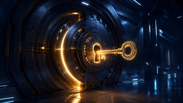 Glowing digital key unlocking futuristic metallic vault door for maximum secure data storage