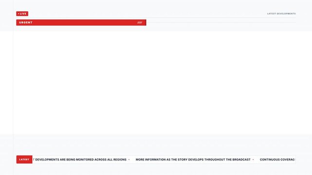 Minimalist digital broadcast overlay featuring urgent red alert bars and scrolling news ticker text for professional television media information delivery