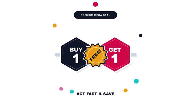Modern Buy One Get One Free Promotional Graphic Design Featuring Hexagonal Badge Elements For Premium Business Mega Deal Marketing Campaigns