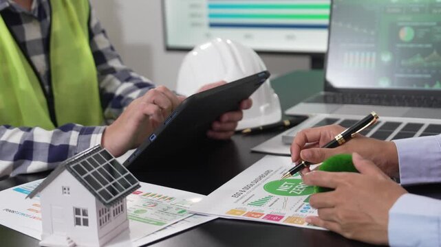 Two engineers in safety vests discussing ESG green energy strategy and solar cell technology at desk with tablet and house model.