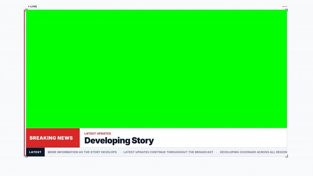 Breaking news television broadcast lower third graphic frame with large green screen overlay for customizable video news report editing templates