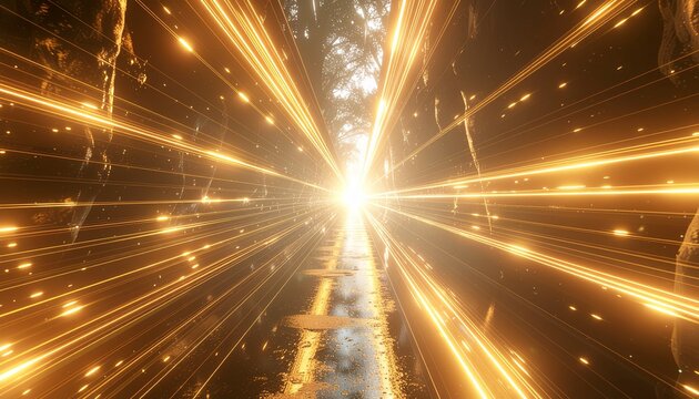 中央の眩しい光に向かって黄金の光線が収束するワープ空間の素材