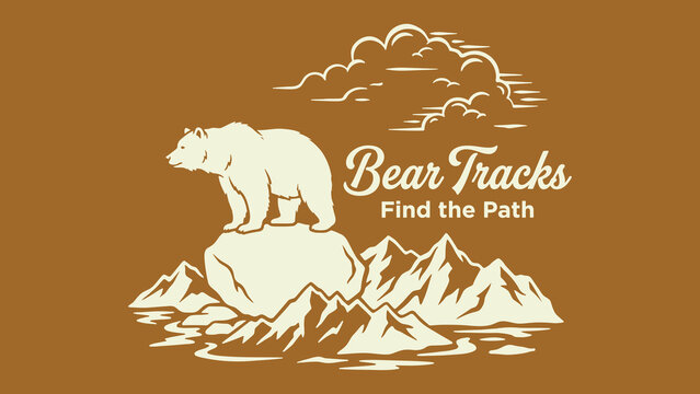 Vintage grizzly bear standing on mountain rock outdoor adventure illustration with typography for t-shirt design print and apparel