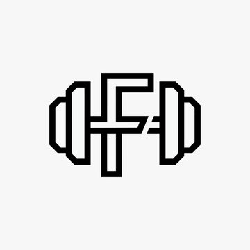 Minimalist letter F with dumbbell and headphone logo in black. Modern fitness and gym logo symbolizing strength, training, music and workout motivation. Clean flat line art vector design. Perfect for 