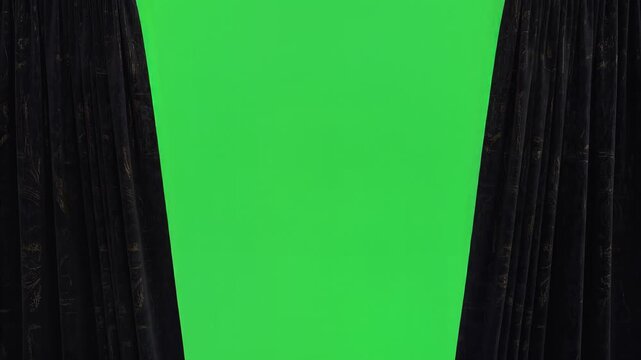Elegant Black Velvet Curtains with Gold Patterns Opening to Green Screen