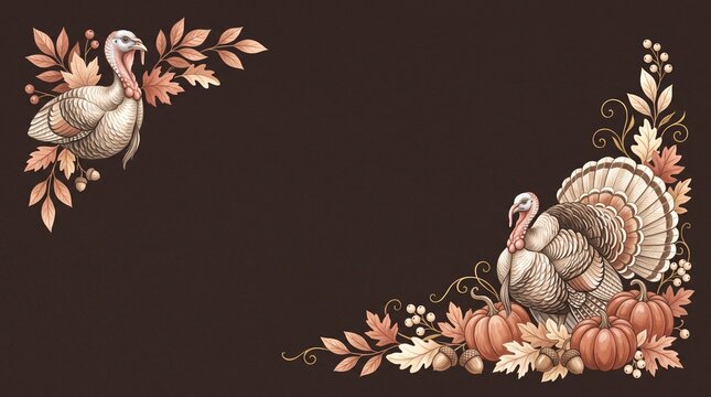 Thanksgiving turkeys and pumpkins with autumn leaves border on dark brown background holiday border fall harvest turkey illustration harvest decoration design element