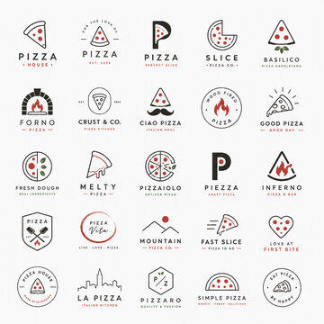 Pizza Logo Collection: A vibrant and diverse compilation of modern, stylized logos representing various pizza-themed businesses and concepts, showcasing creativity and branding potential.