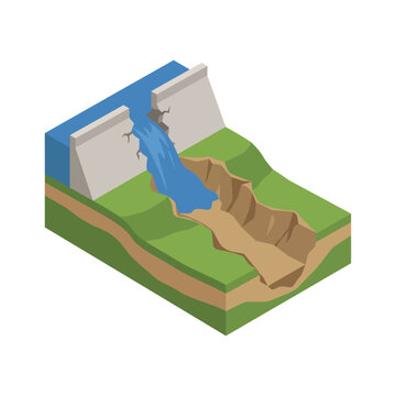 Isometric 3D Illustration of a Broken Dam Wall with Water Flowing Through a Cracked Concrete Barrier into a Dry Riverbed