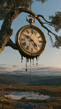 Melancholy Timepiece: A vintage pocket watch, dripping as if time itself is melting, hangs suspended from a gnarled tree branch against a vast, serene landscape.