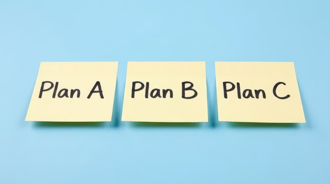 Sticky notes labeled plan a, plan b, and plan c on blue background
