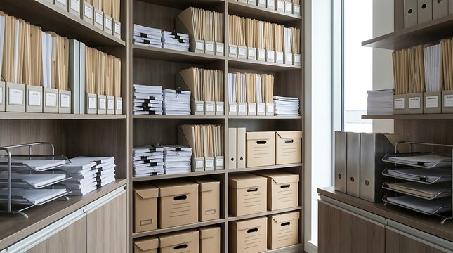 Well organized office archive room featuring shelves stacked with administrative files, documents, binders, and storage boxes for efficient business workflow