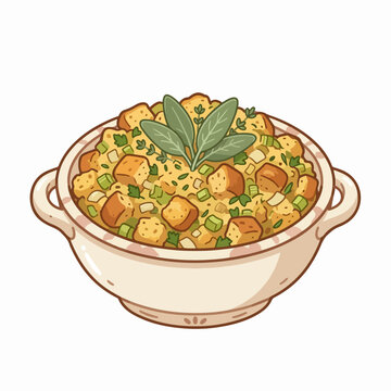 Traditional holiday herb stuffing in a ceramic bowl illustration isolated on white background for Thanksgiving dinner design