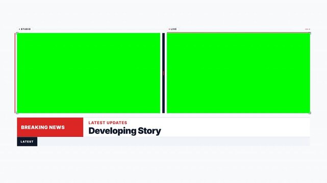 Breaking news dual screen overlay template with green chroma key windows for live broadcast and digital video news reporting layouts