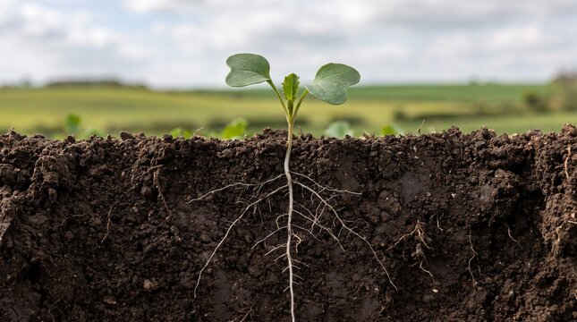 Underground taproot growth of oilseed rape seedling in soil