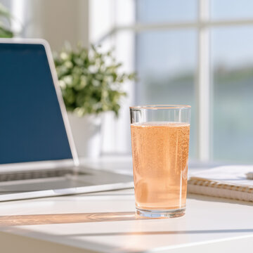 Glass of fizzing orange vitamin drink on a bright home office desk