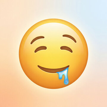 A yellow emoji with closed eyes and a wide smile, with a drop of drool falling from its mouth.
