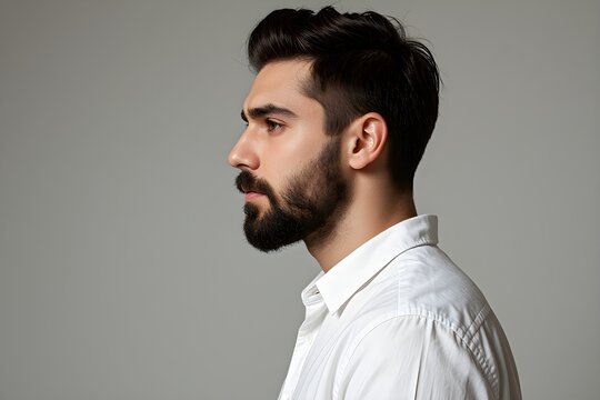 Side view portrait of confident bearded man with beautiful hairstyle in white shirt looking on copy space