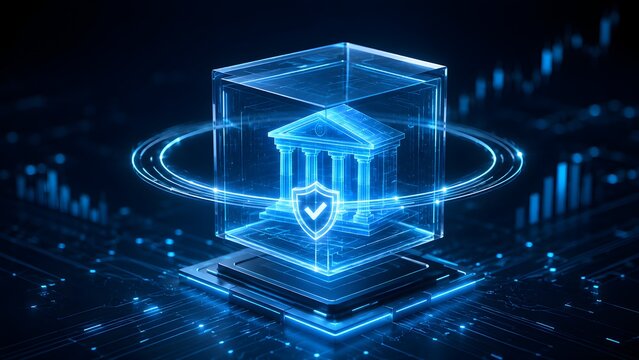 Digital hologram of bank building inside secure glowing cube with protection shield representing institutional financial cybersecurity