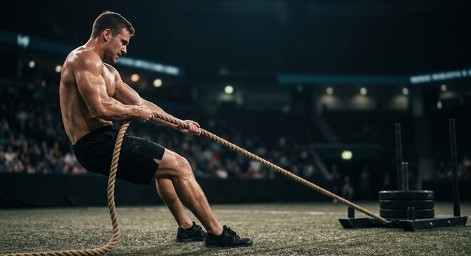 Strong Shirtless Athlete Doing Heavy Sled Pull in Dark Arena