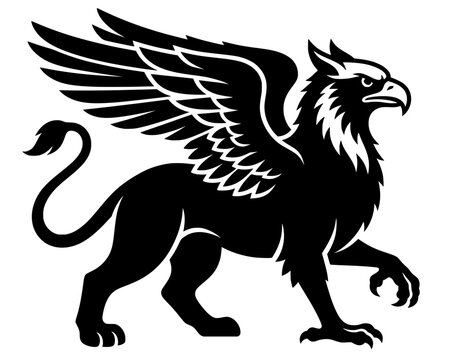 Black silhouette of griffin with lion body and eagle wings, bold vector design symbolizing strength, courage, and mythical protection.