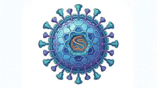 Detailed 3D illustration of a virus particle with spikes and internal structure.