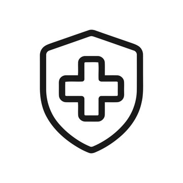 Medical shield icon, linear vector symbol of a cross inside a protective shield for healthcare, safety, and insurance concepts