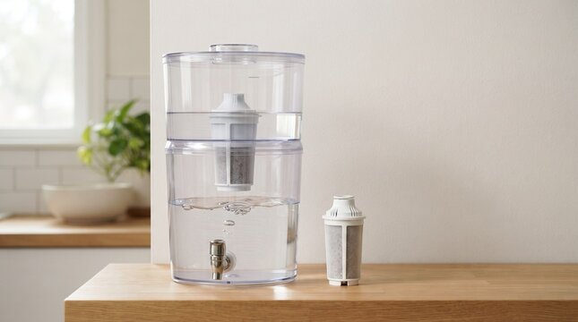 Transparent Water Filtration Pitcher on Wooden Table, Home Appliance for Clean Drink, Replacement Filter, Modern Kitchen Interior
