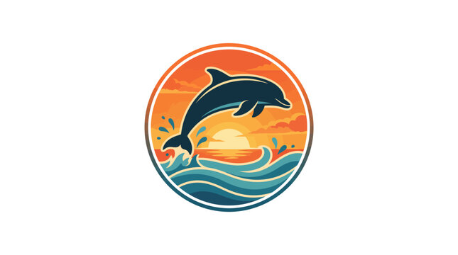 Circular emblem featuring a dolphin jumping from ocean waves against a warm sunset sky