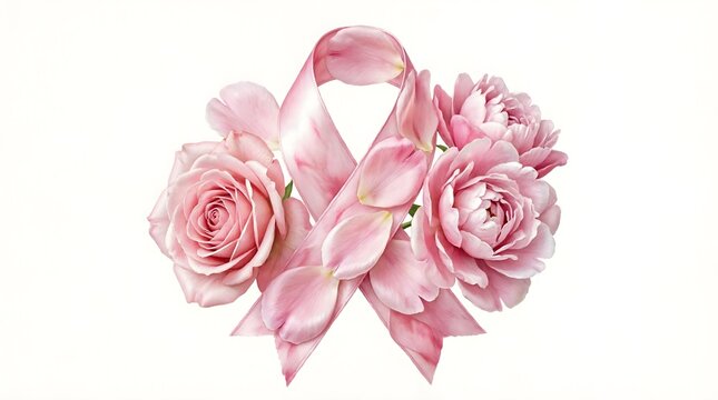 Pink awareness ribbon made of delicate roses and peonies petals, breast cancer awareness No Bra Day, floral design