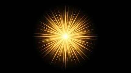 Fototapeta premium Golden light burst with glowing star rays and sparkles on a black background.