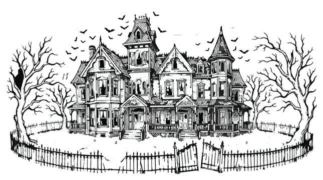 Happy Halloween Vintage Victorian haunted house sketch, spooky mansion vector with fence and barren trees, hand drawn engraving style isolated on White Background vector eps