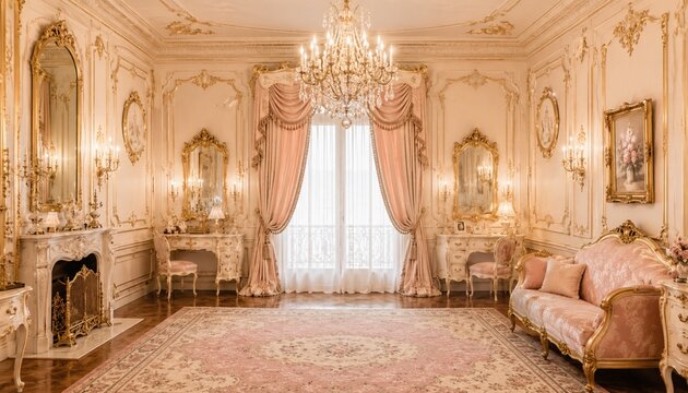 Elegant rococo interior with crystal chandelier and pink decor