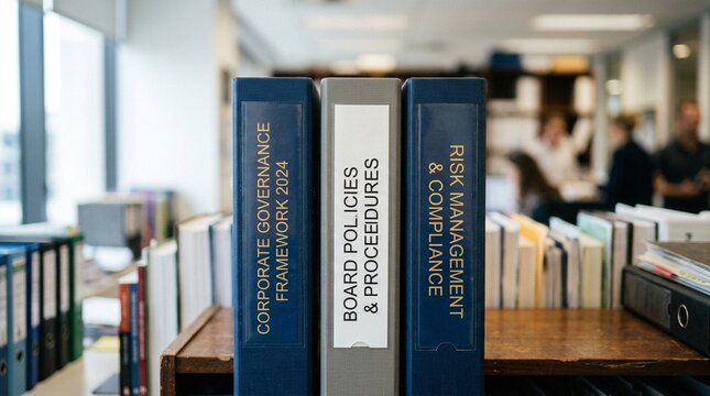 Stack of governance binders with labeled spines on an office shelf, corporate governance and compliance concept
