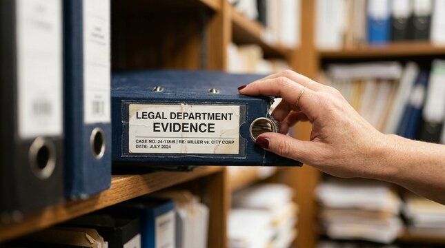 Hand adjusting a folder tab labeled legal department correspondence, business law concept