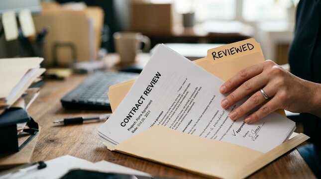 Hand placing a completed contract review into a folder labeled reviewed, business contract and legal document concept