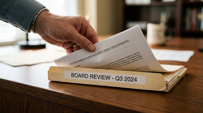 Hand placing a completed legal risk report into a folder labeled board review, corporate governance concept