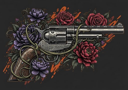 Ornate Vintage Revolver with Purple Peonies and Red Roses on Dark Background